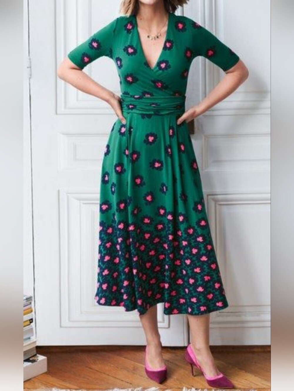 Boden Green Pink Floral V Neck Faux Wrap Flowy Midi Dress Mod Modest 4R